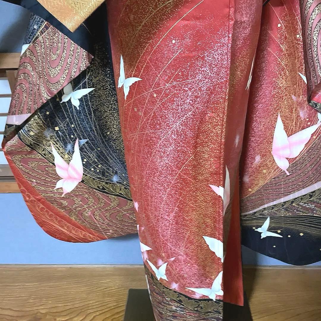 振袖フルセット　金彩加工友禅　黒と蝶々とラメでギャル完成　成人式振袖　振袖