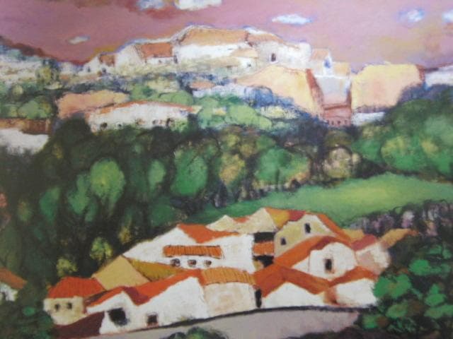 首藤百合子、【赤い屋根のある風景】、希少な額装用画集より、新品額装付、状態良好