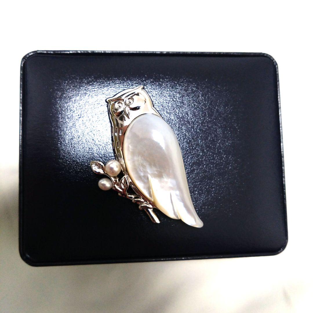 希少　田崎真珠　フクロウ　パール　シェル　ブローチ