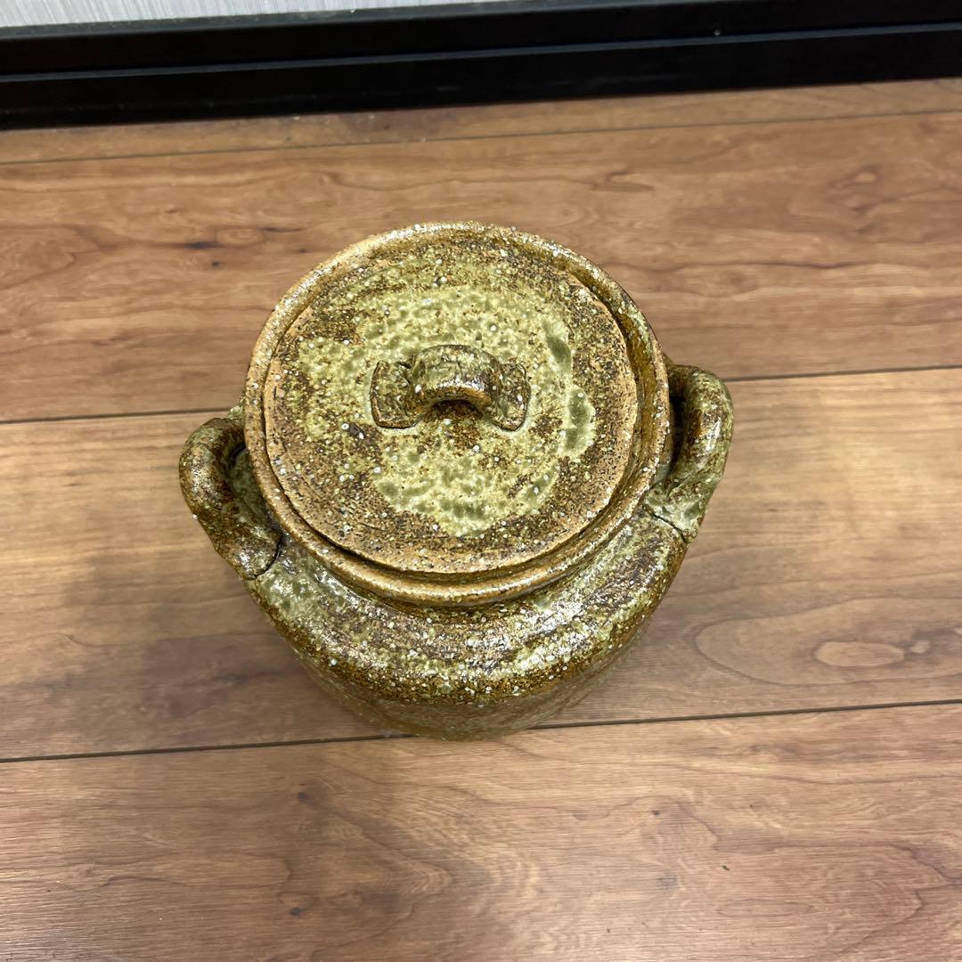 陶器製 蓋付き水差し 緑茶色