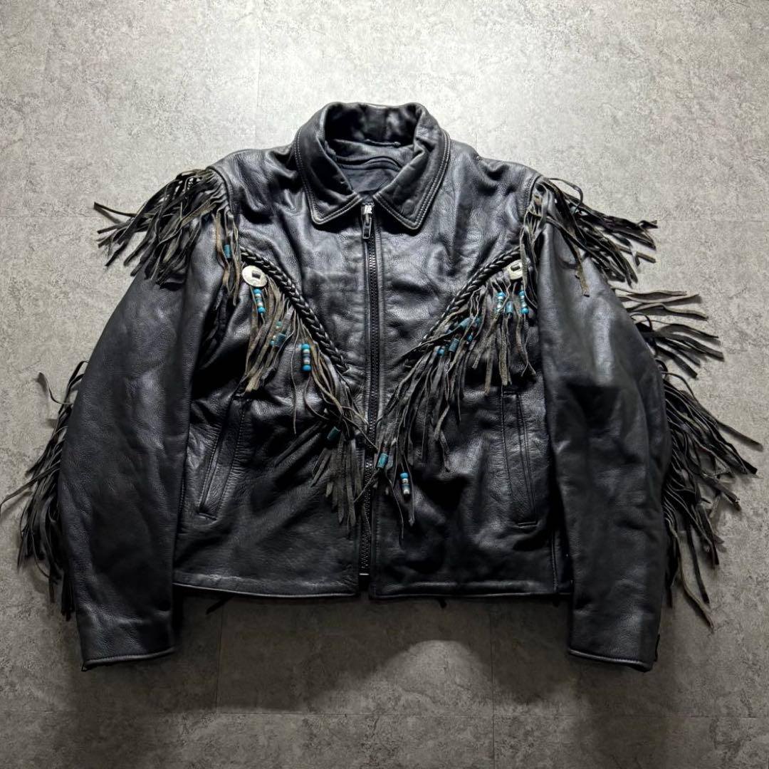 【希少】ライダースジャケット　L フリンジ　ギミック　ペイント　コンチョ　レザー