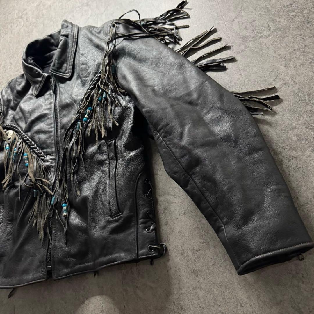 【希少】ライダースジャケット　L フリンジ　ギミック　ペイント　コンチョ　レザー