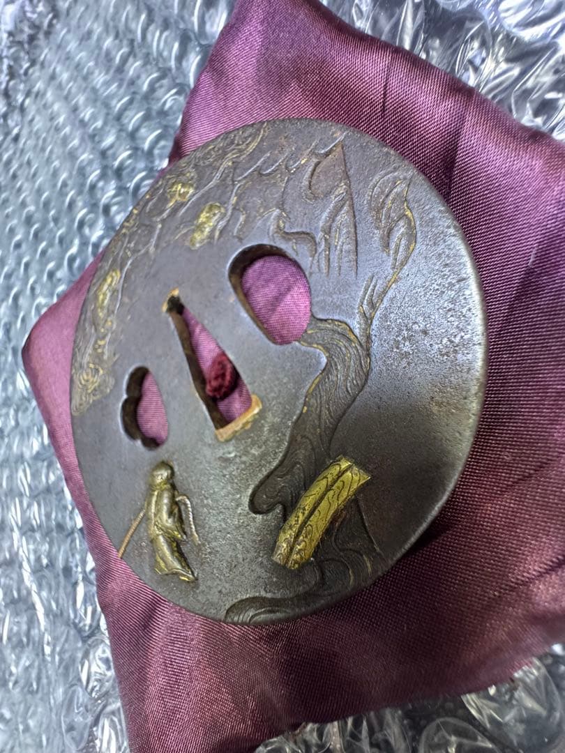 無銘　　金工金象嵌松下　牛引き　山水図鍔　透かし鐔　刀鐔　鍔