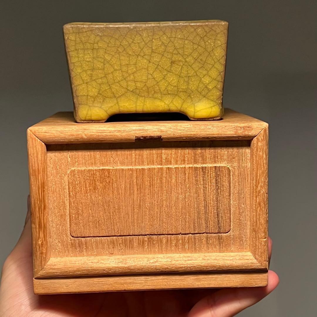 830.暁雲 黄貫入釉切立正方 盆栽鉢 植木鉢 8.2*8.2*4.9cm