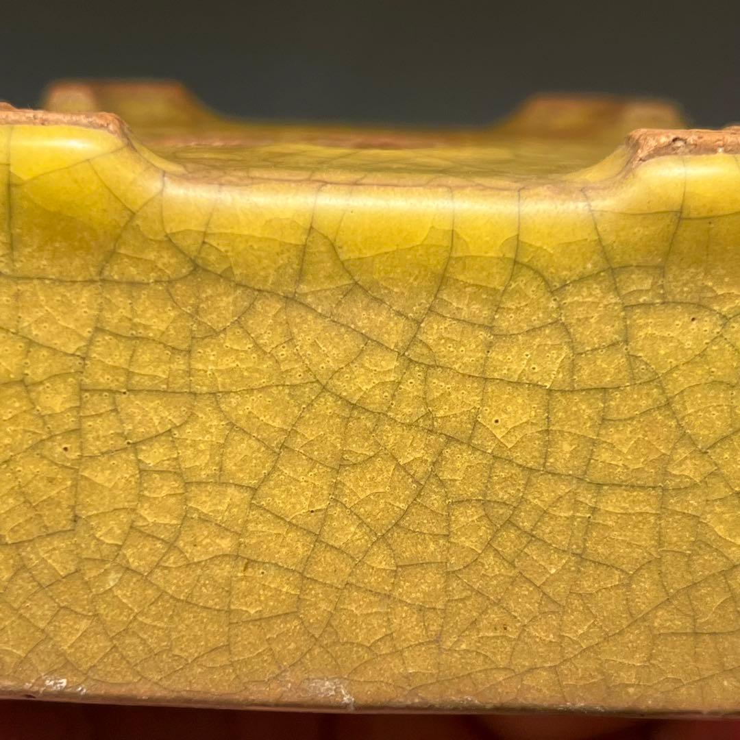 830.暁雲 黄貫入釉切立正方 盆栽鉢 植木鉢 8.2*8.2*4.9cm