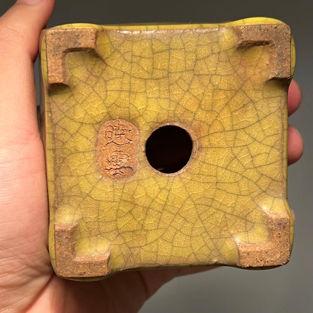 830.暁雲 黄貫入釉切立正方 盆栽鉢 植木鉢 8.2*8.2*4.9cm