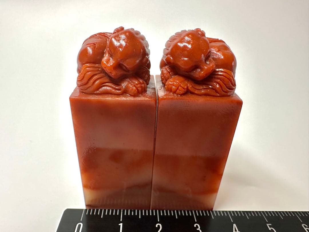 獅子　古獣　朱砂　水凍　ペア印　高級印材　ラオス　篆刻　印材書道　落款　対章