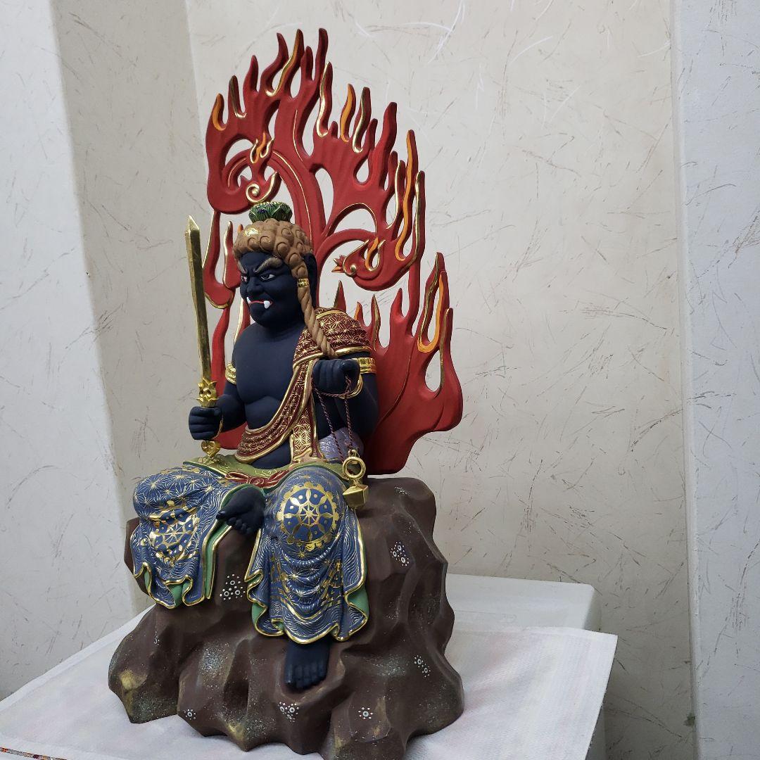 Ｂフライデー蔵出し特価希少台座極彩色錐金 不動明王半跏像7寸楠材高さ：約57cm