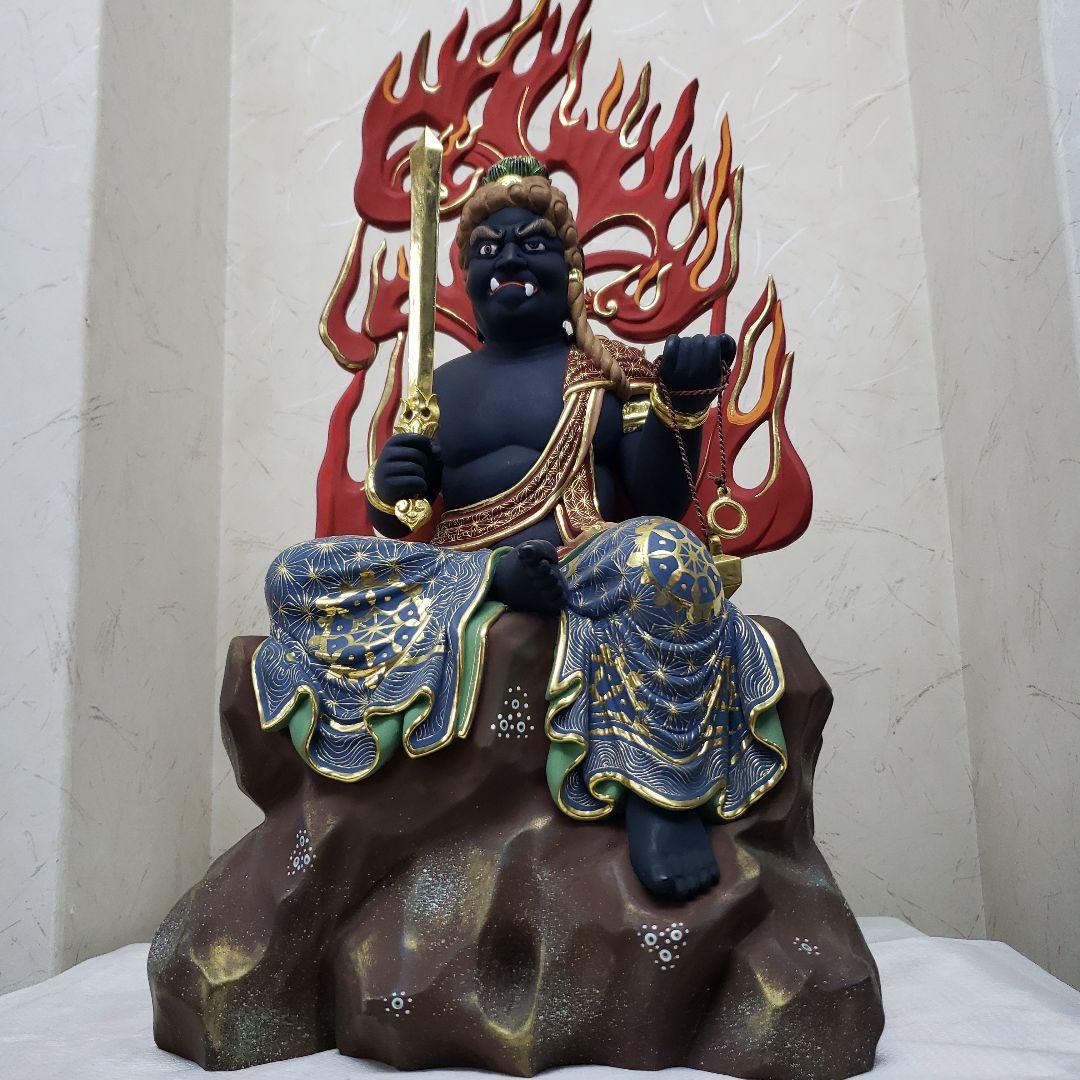 Ｂフライデー蔵出し特価希少台座極彩色錐金 不動明王半跏像7寸楠材高さ：約57cm