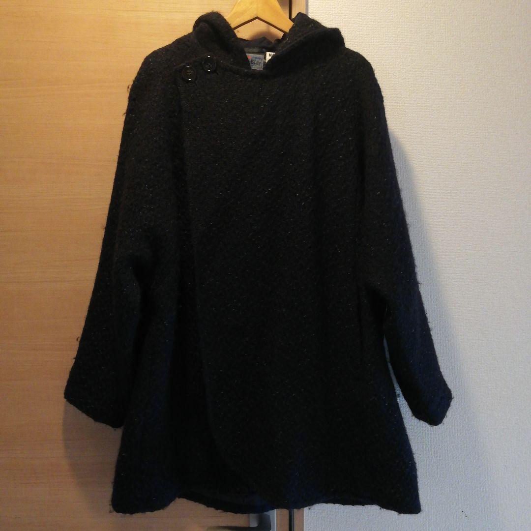 名作 日本製【ハリラン BLUEBLUE】ウール100%ラップマントコート 紺