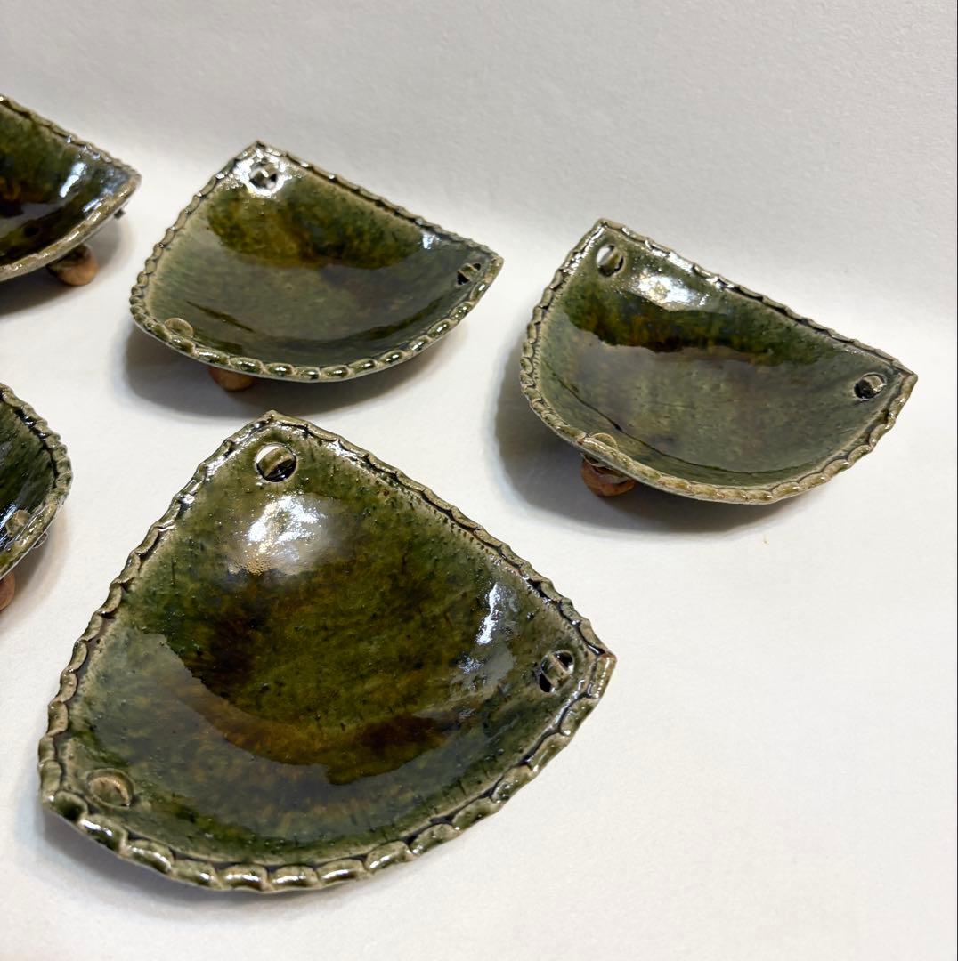 織部釉 三角 向付 五客 盛皿 刺身皿 三足 高台付 脚付 作家物 懐石料理