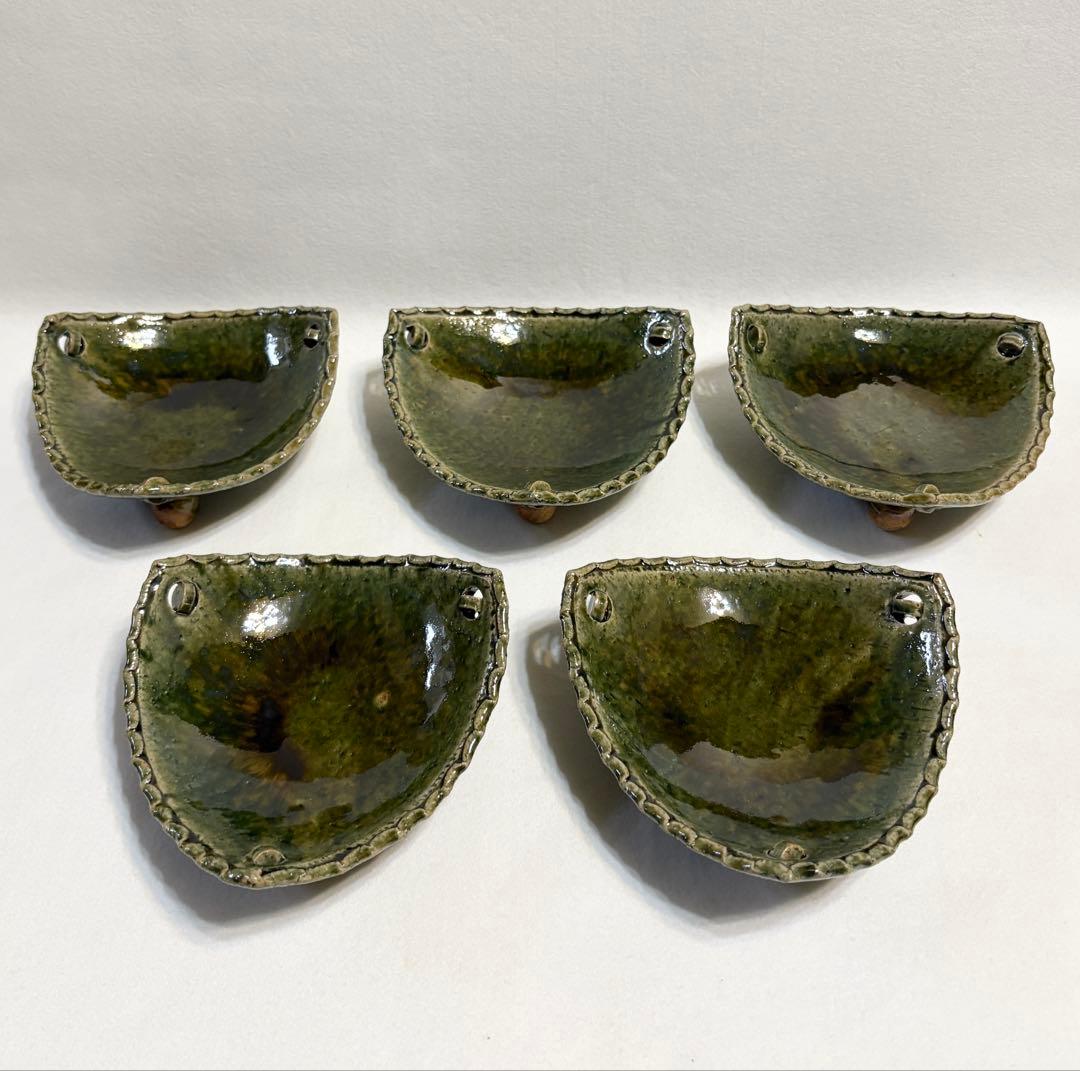 織部釉 三角 向付 五客 盛皿 刺身皿 三足 高台付 脚付 作家物 懐石料理