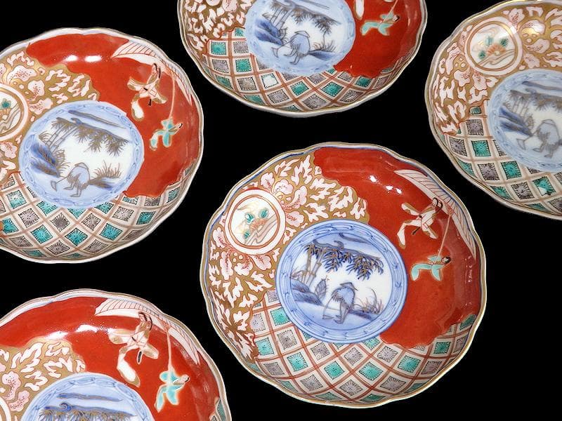 古伊万里　色絵　傘美人に筍掘りの図　４寸皿　５枚　A697AS-BZq