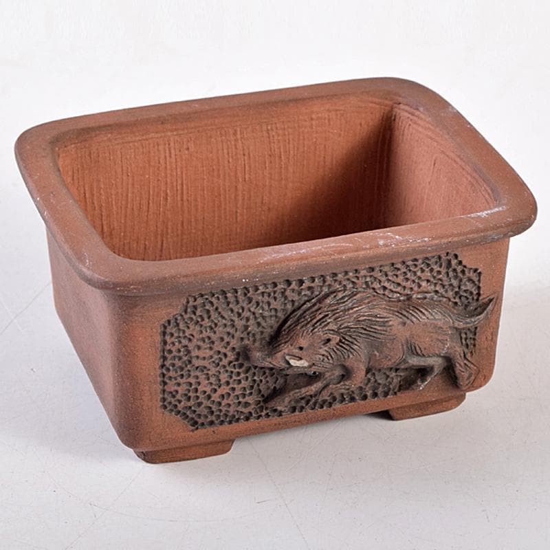 駿河山正作　紫砂　朱泥　猪刻　小さな植木鉢　盆栽鉢　V　R8834