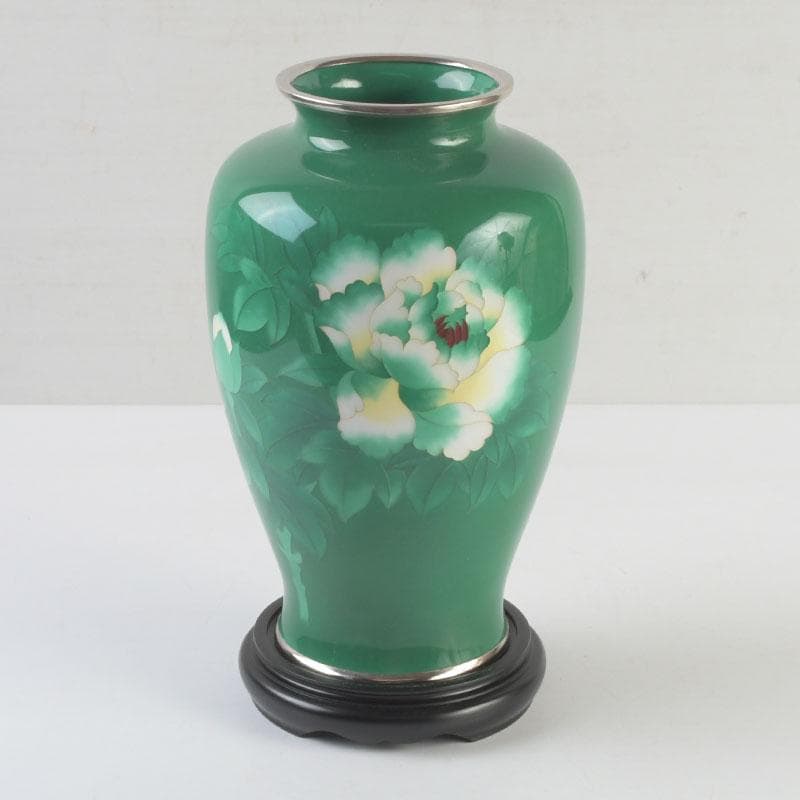 七宝焼　緑釉　牡丹文　花瓶　唐木台付　V　9324