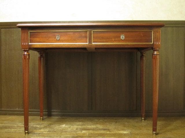 フランス アンティーク ルイ16世様式 マホガニー レザートップ デスク 鍵付き