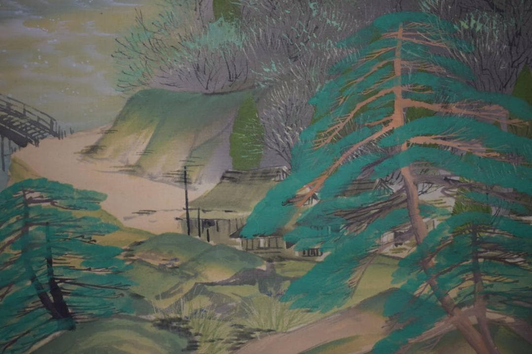 真作/大関禹江/夏景山水図/山水家図/渓流滝図/渓流瀧図/布袋屋掛軸HI-942