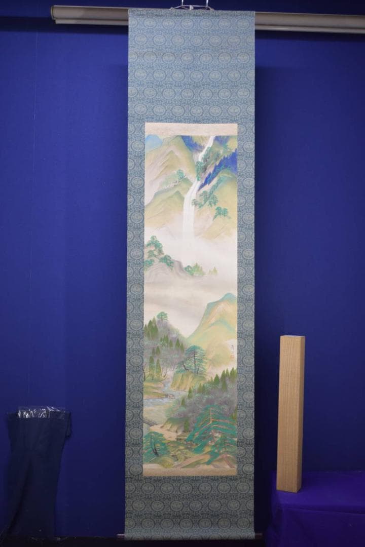 真作/大関禹江/夏景山水図/山水家図/渓流滝図/渓流瀧図/布袋屋掛軸HI-942