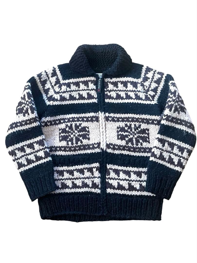 ▪️カナダ製Kanataカナタ ネイティブ柄カウチンニットカーディガンM黒