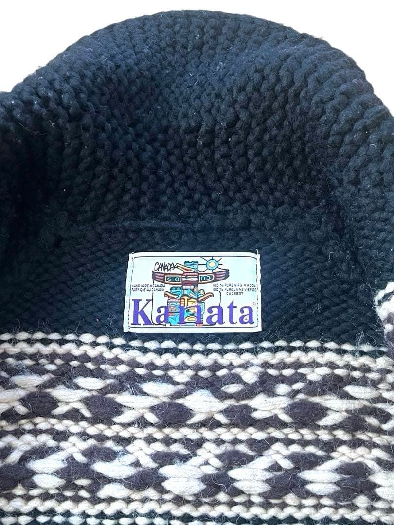 ▪️カナダ製Kanataカナタ ネイティブ柄カウチンニットカーディガンM黒