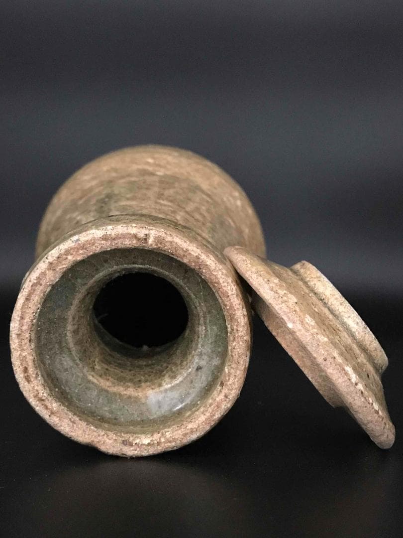 漢時代　緑釉蓋付き瓶　酒器（E-4）