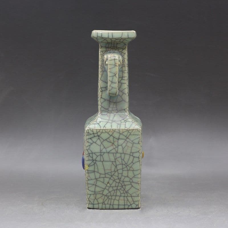 宋代兄窯開片金象嵌宝石象耳四方瓶景徳鎮 陶磁器 装飾品 現代工芸品 美術品 置物