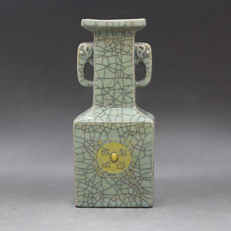 宋代兄窯開片金象嵌宝石象耳四方瓶景徳鎮 陶磁器 装飾品 現代工芸品 美術品 置物