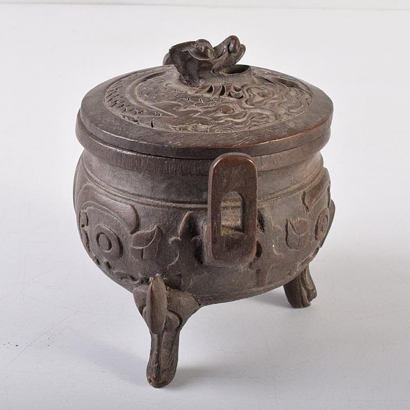 中国　古竹彫刻　獣摘饕餮文　香炉　鼎　V　R8107