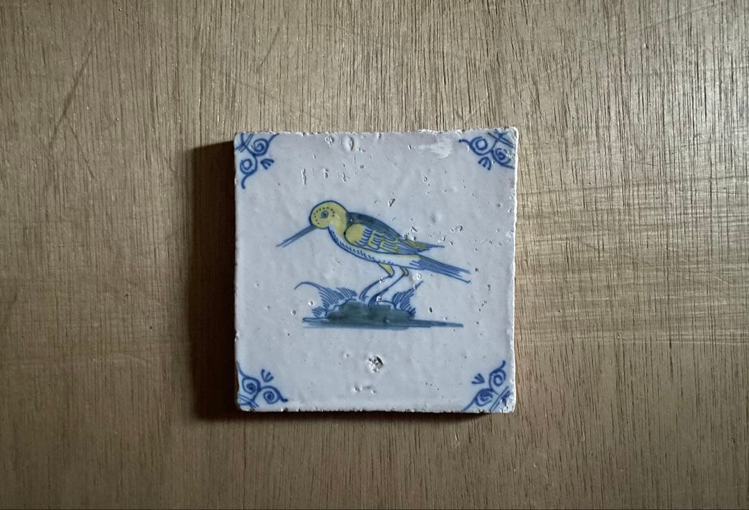17世紀 色絵デルフトタイル 鳥　オランダ　/デルフト　骨董　古道具 染め付け