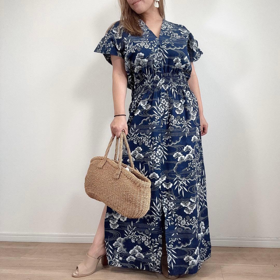 竺仙　浴衣　リメイク　綿縮　ワンピース ハンドメイド　ロング　マキシ　着物　紺
