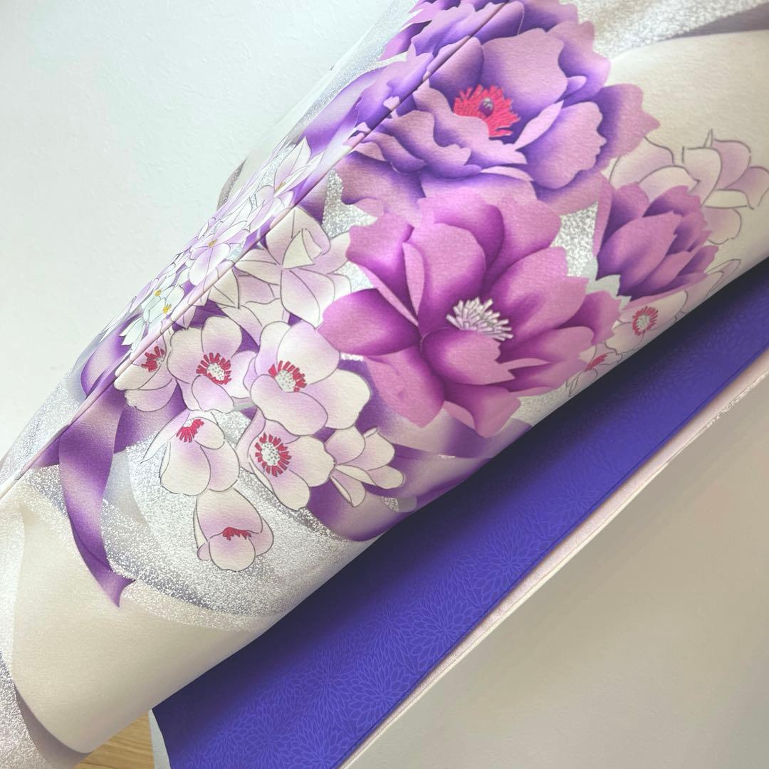 415 振袖フルセット 正絹 オフホワイト 紫 銀彩 たたき染め 暈し染め 比翼