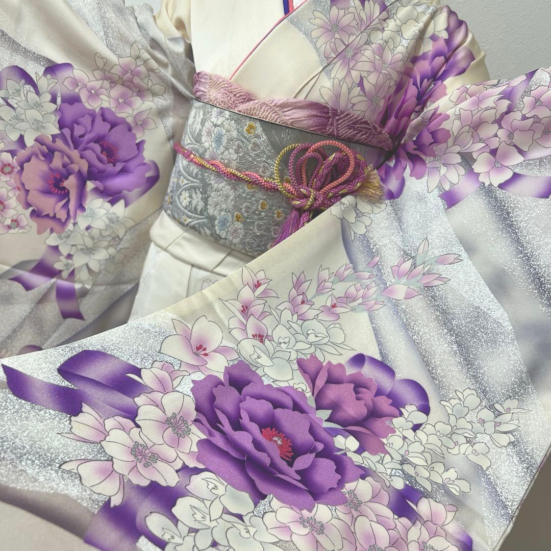 415 振袖フルセット 正絹 オフホワイト 紫 銀彩 たたき染め 暈し染め 比翼