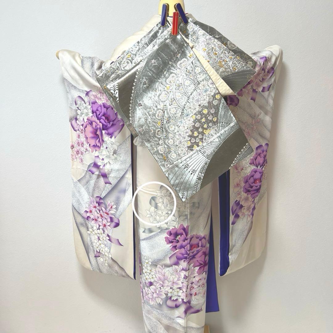 415 振袖フルセット 正絹 オフホワイト 紫 銀彩 たたき染め 暈し染め 比翼