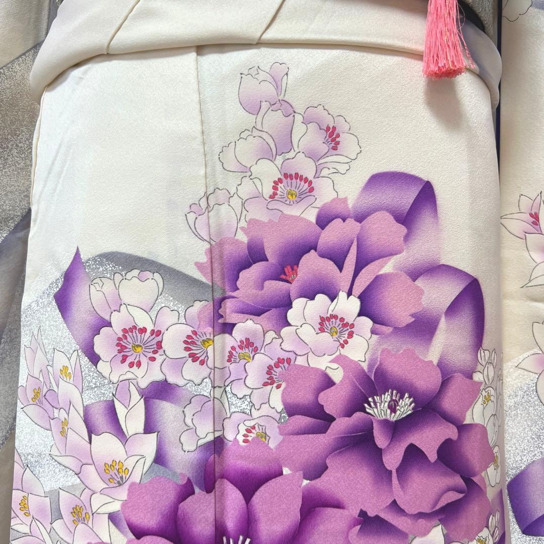 415 振袖フルセット 正絹 オフホワイト 紫 銀彩 たたき染め 暈し染め 比翼