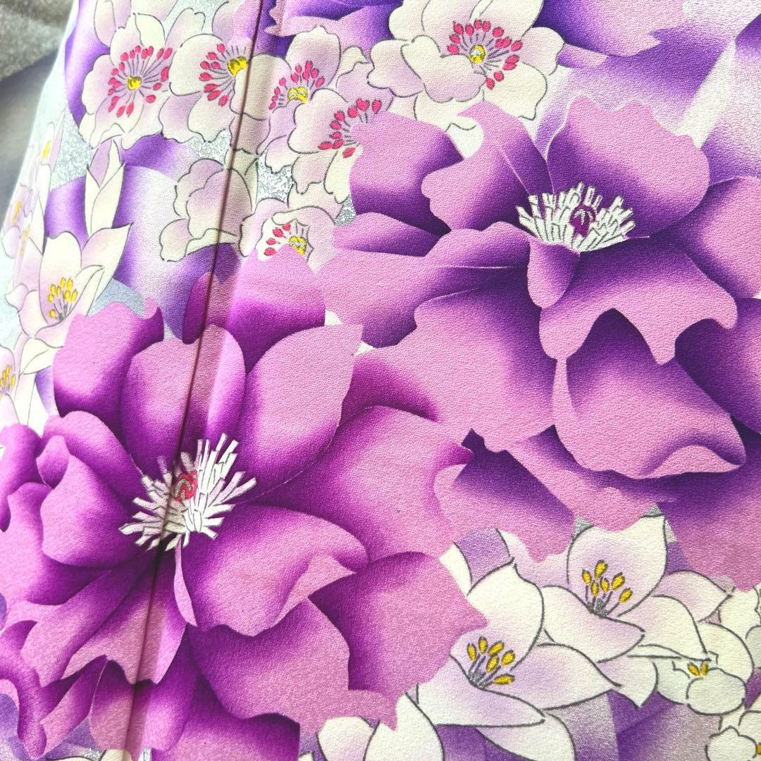 415 振袖フルセット 正絹 オフホワイト 紫 銀彩 たたき染め 暈し染め 比翼