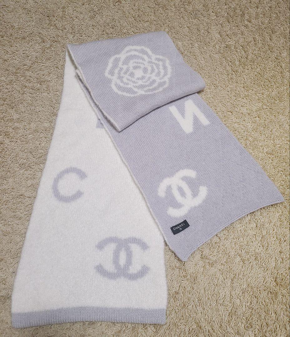 美品★CHANEL　マフラー　ニットカシミヤ　カメリア　グレー