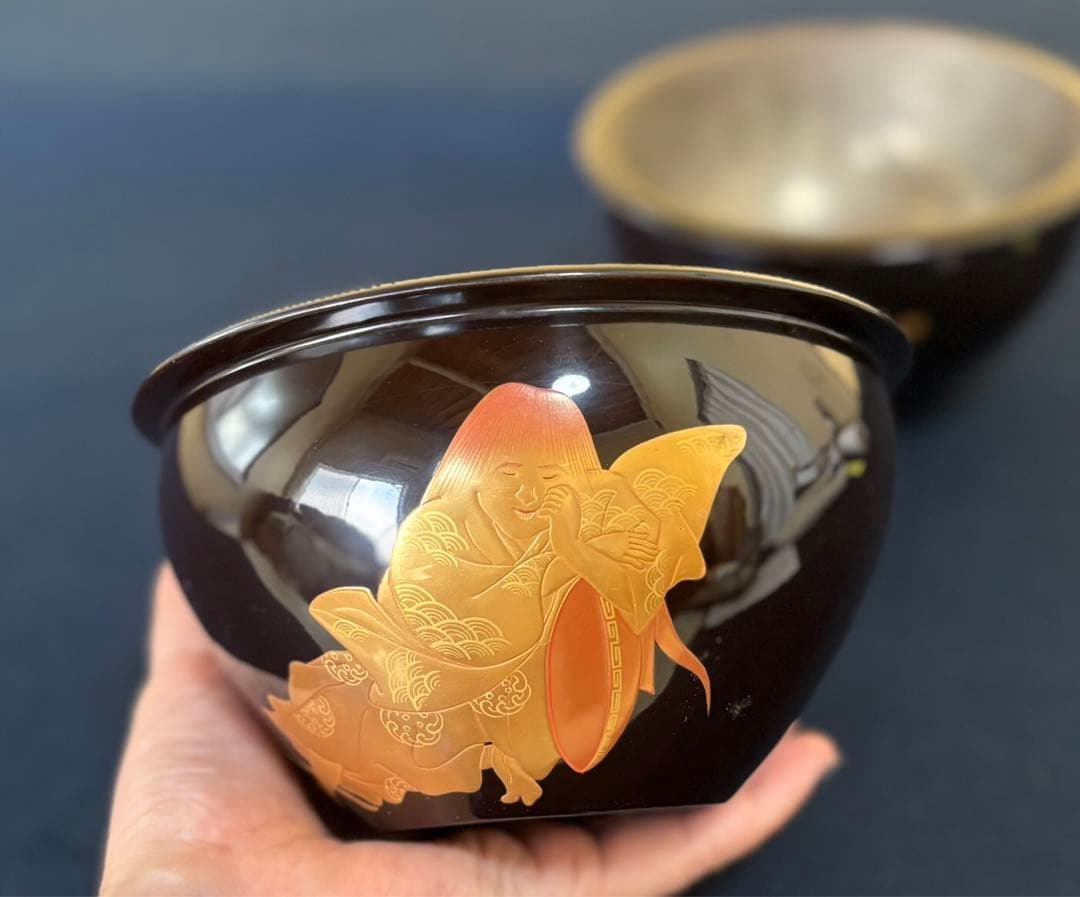 《R》懐石 酒器 蒔絵付 盃洗2客 深鉢 木製漆器 時代　250731F3