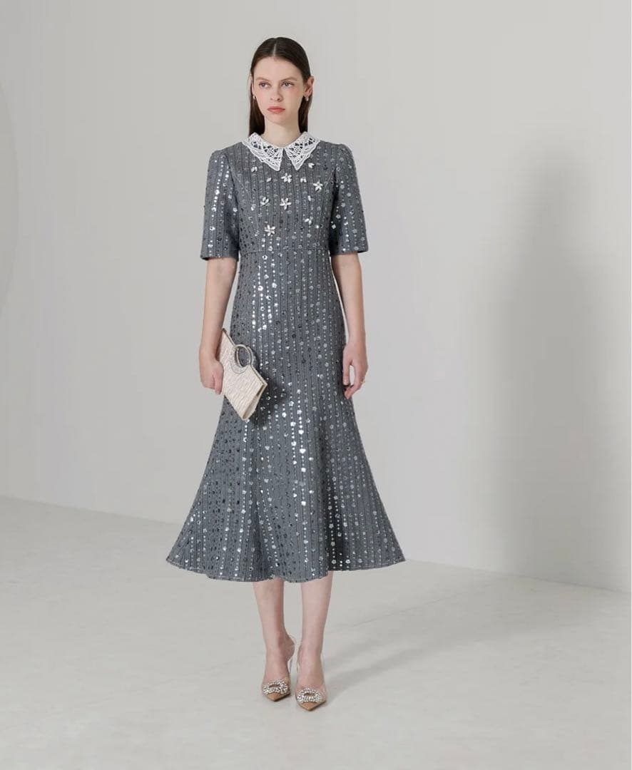 Leja 花柄ビジュー付きスパンコールフレアマーメイド　ドレスワンピース　ドレス