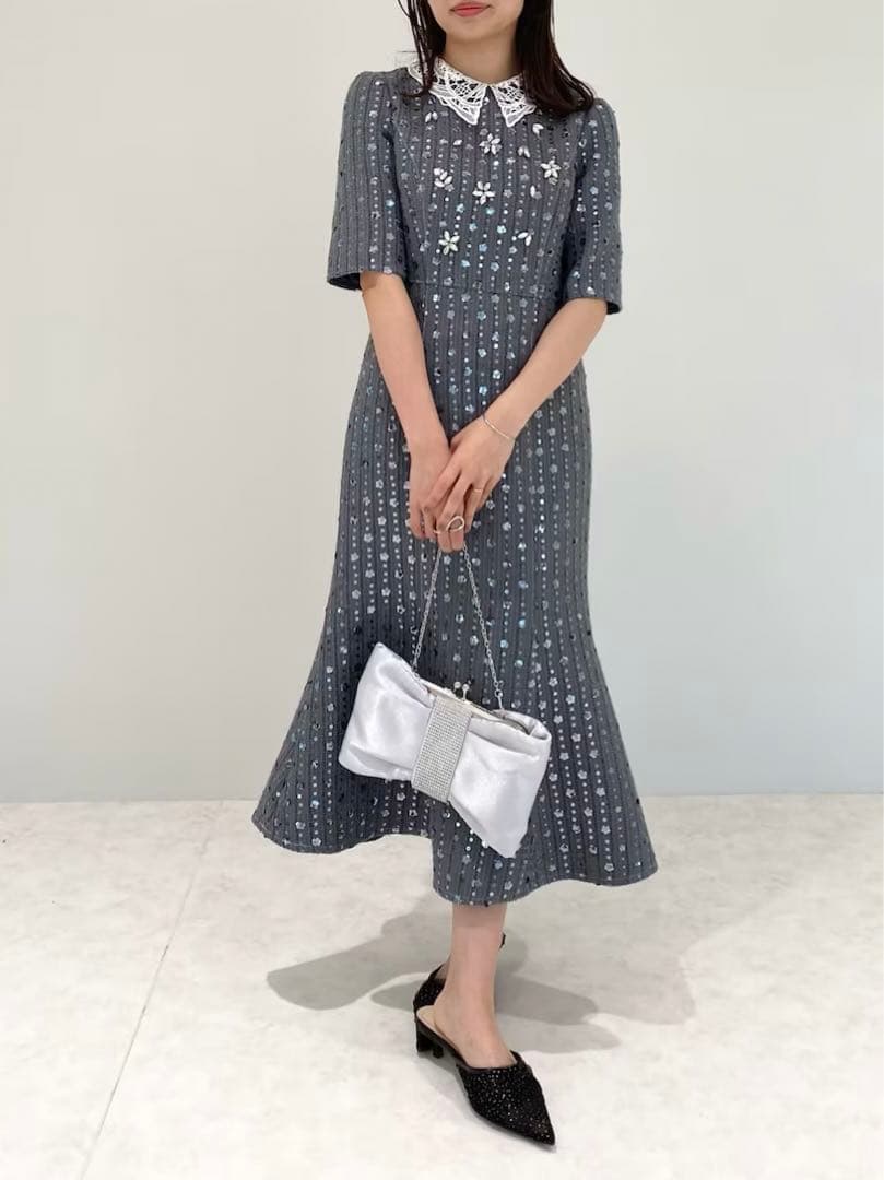 Leja 花柄ビジュー付きスパンコールフレアマーメイド　ドレスワンピース　ドレス