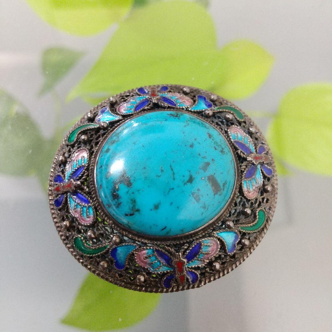 更に更に値下げ❗️ヴィンテージ SILVER×トルコ石七宝焼の帯留めブローチ