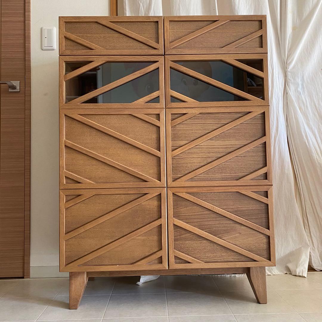 北欧　アンティーク　キャビネット　チェスト　格子　オーク　ガラス　脚付き　飾り棚