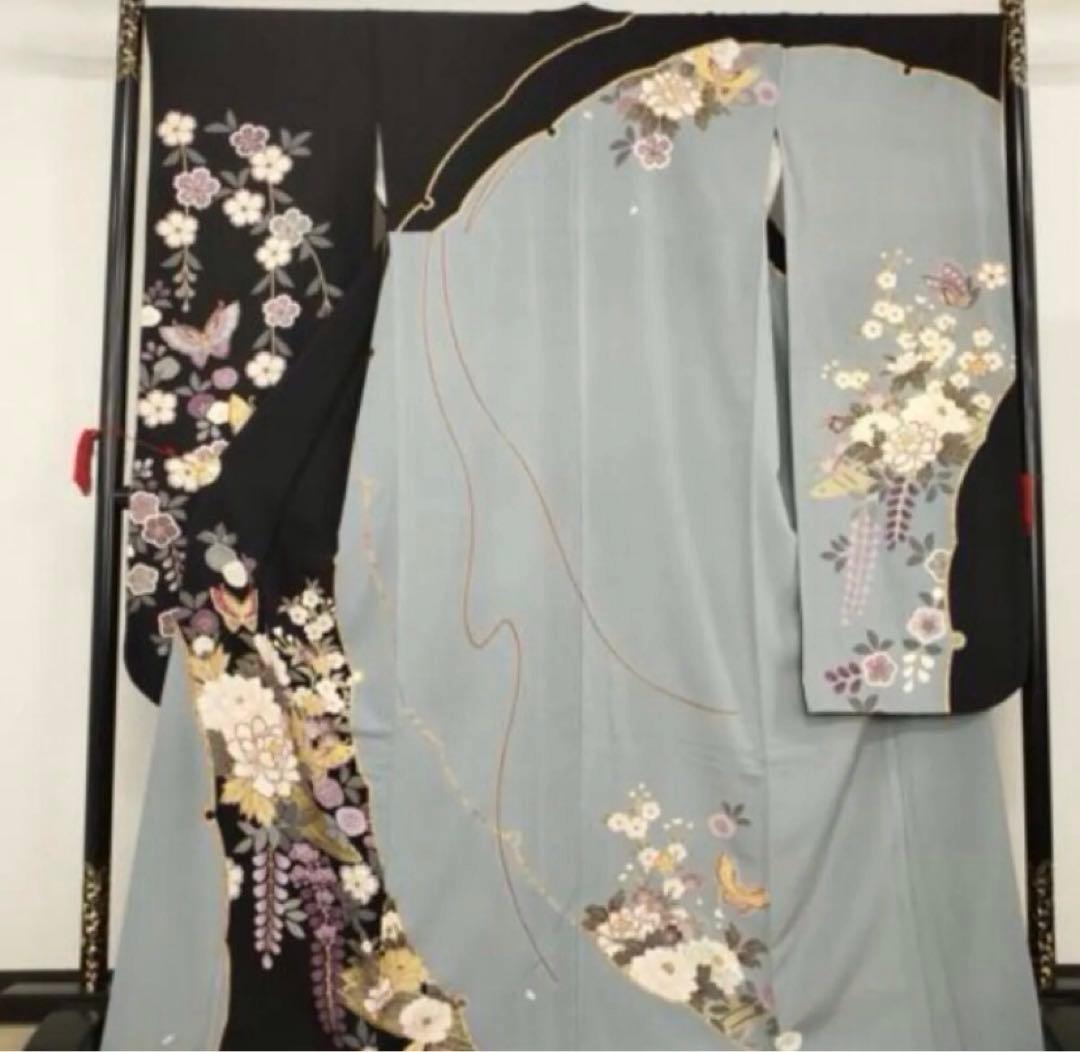 振袖フルセット　花蝶文　成人式　振袖　ゴールド　黒　正絹　振袖6点セット 豪華