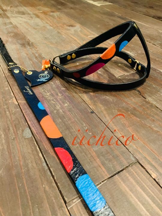 犬用リード＆ハーネス2点セット　Black革orange系マルチドット