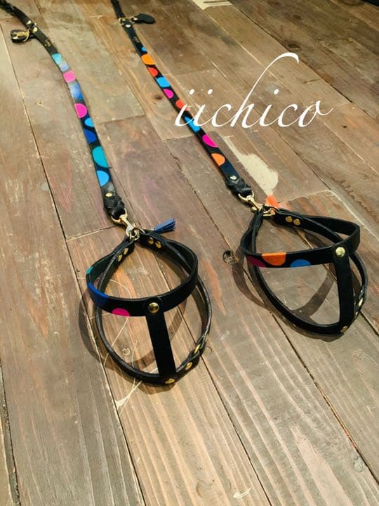 犬用リード＆ハーネス2点セット　Black革orange系マルチドット
