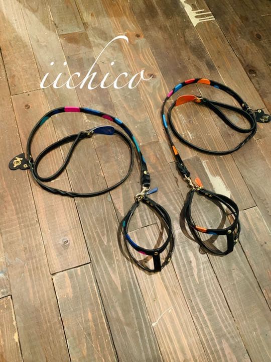 犬用リード＆ハーネス2点セット　Black革orange系マルチドット