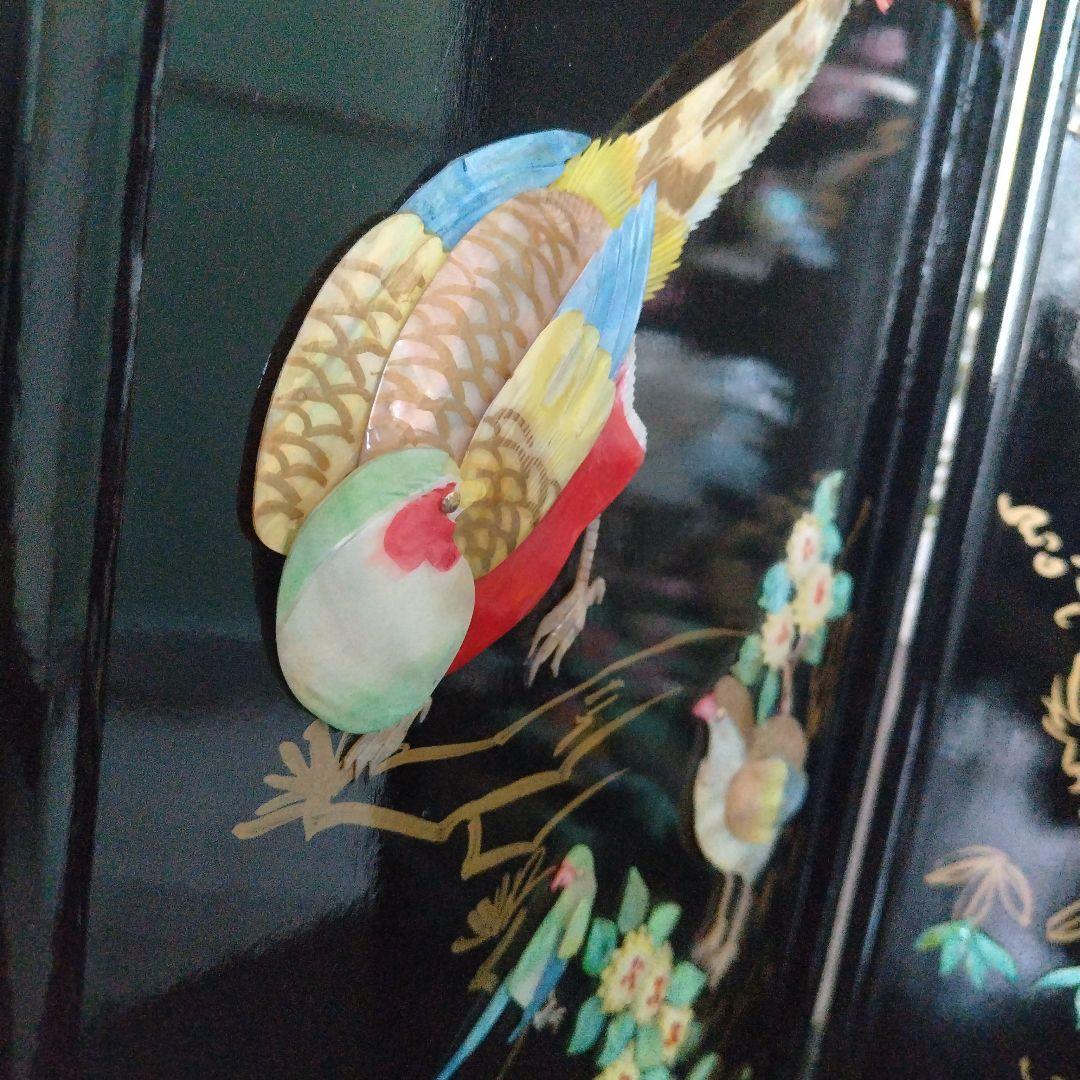 美品！骨董品 アンティーク 漆塗り 艶やか貝細工 花鳥風月 パーティション 屏風