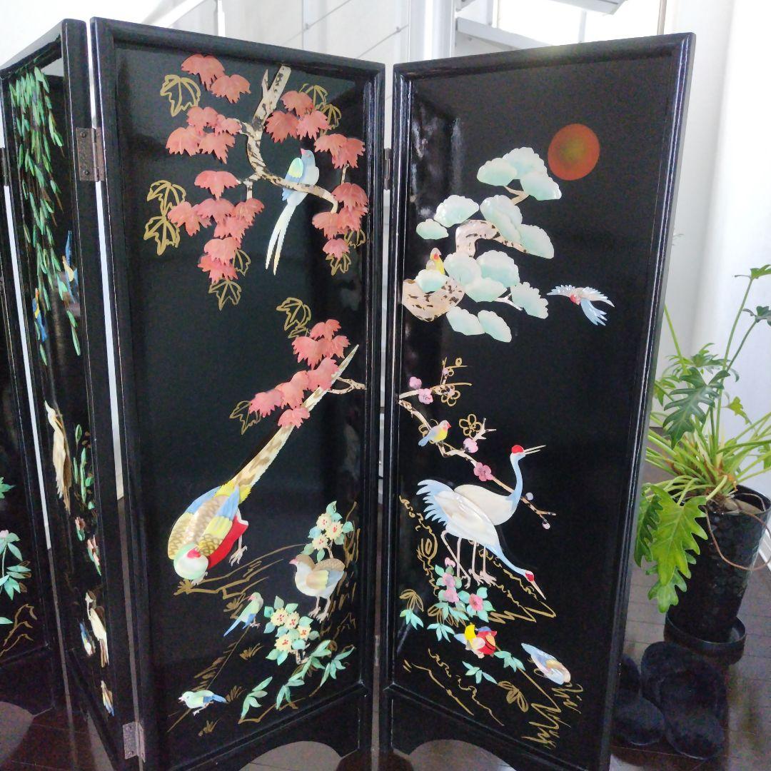 美品！骨董品 アンティーク 漆塗り 艶やか貝細工 花鳥風月 パーティション 屏風