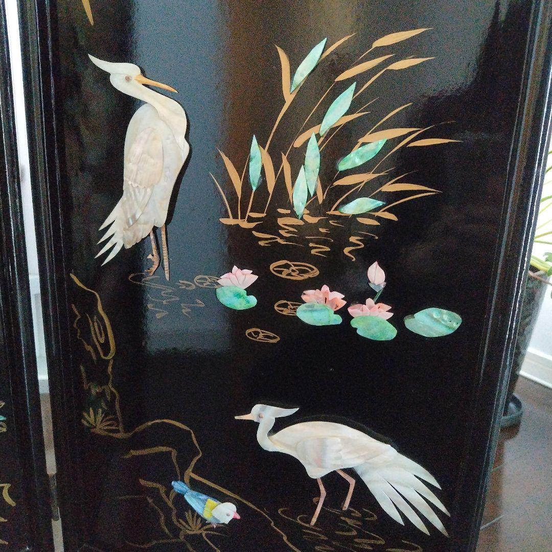 美品！骨董品 アンティーク 漆塗り 艶やか貝細工 花鳥風月 パーティション 屏風