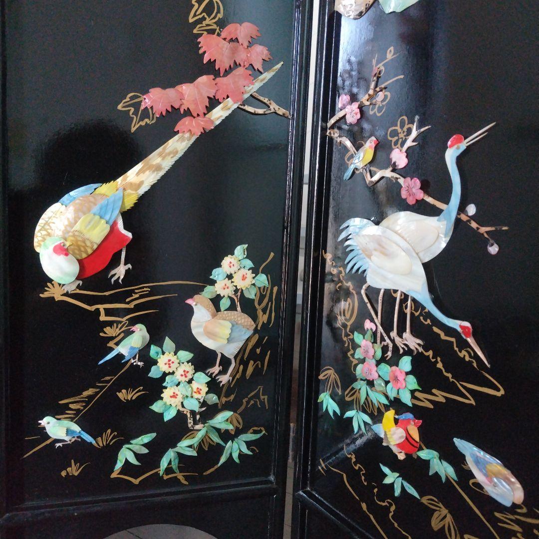 美品！骨董品 アンティーク 漆塗り 艶やか貝細工 花鳥風月 パーティション 屏風