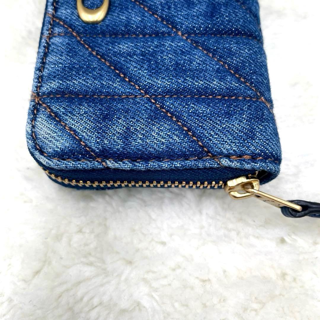 美品 コーチ ケース 財布 デニム ラウンドファスナー キルティング